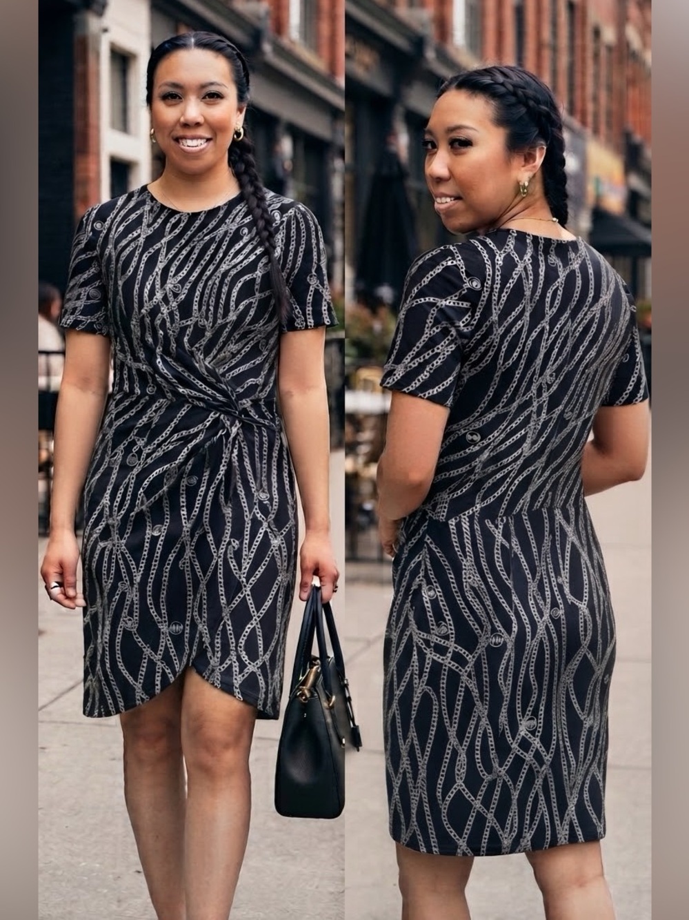 EUC MICHAEL Michael Kors Black & Silver Chain Print Twist-Front Dress – Size M